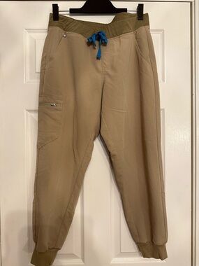 Figs Women's Khaki Jogger Pants with Olive Waistband and Blue Drawstring